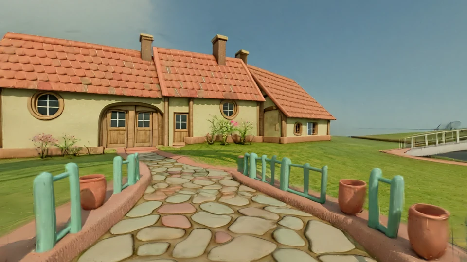Storybook cottages with coral roofs beside a canal and small bridges
