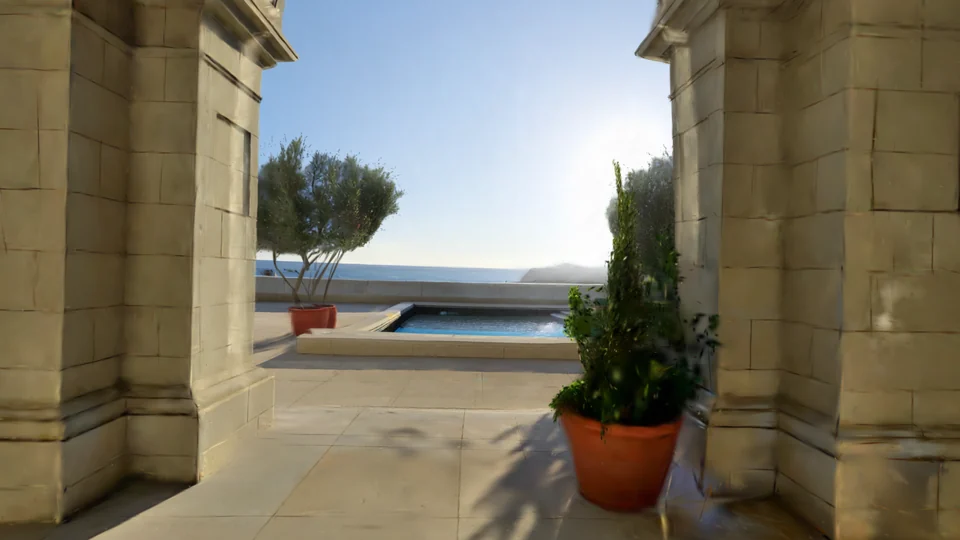 Sunlit limestone courtyard with a reflecting pool overlooking the sea