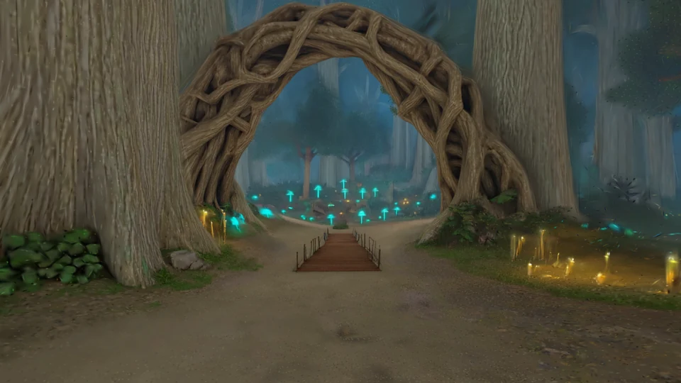 Twilight forest with glowing mushrooms, massive roots and a small footbridge