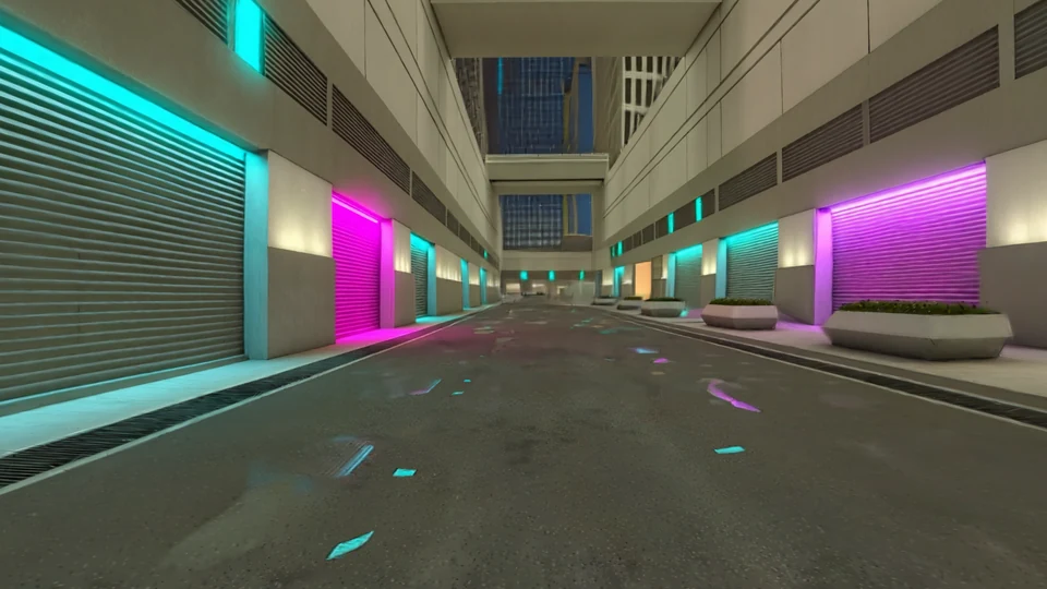 Wet futuristic street with cyan and magenta lights, metal shutters and concrete buildings
