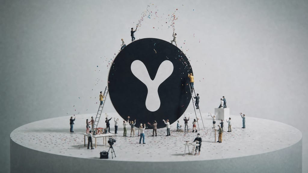 微缩人物围绕巨大的 YouArt 标志庆祝,空中撒满彩色纸片