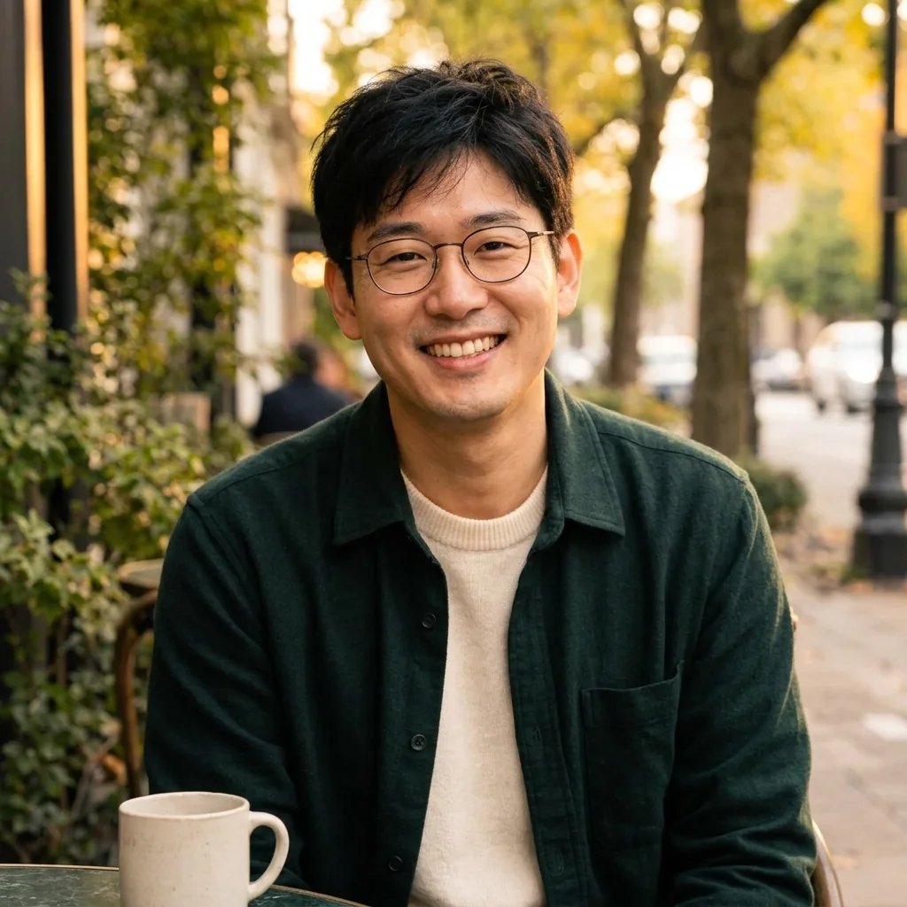 Retrato para citas creado con IA de un hombre sonriente con gafas redondas y una sobrecamisa verde bosque en una cafetería al aire libre con luz cálida.