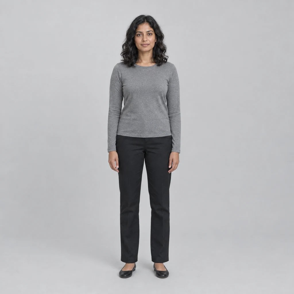 Original photo of an adult woman in a gray sweater and black trousers, standing against a light-gray studio background.