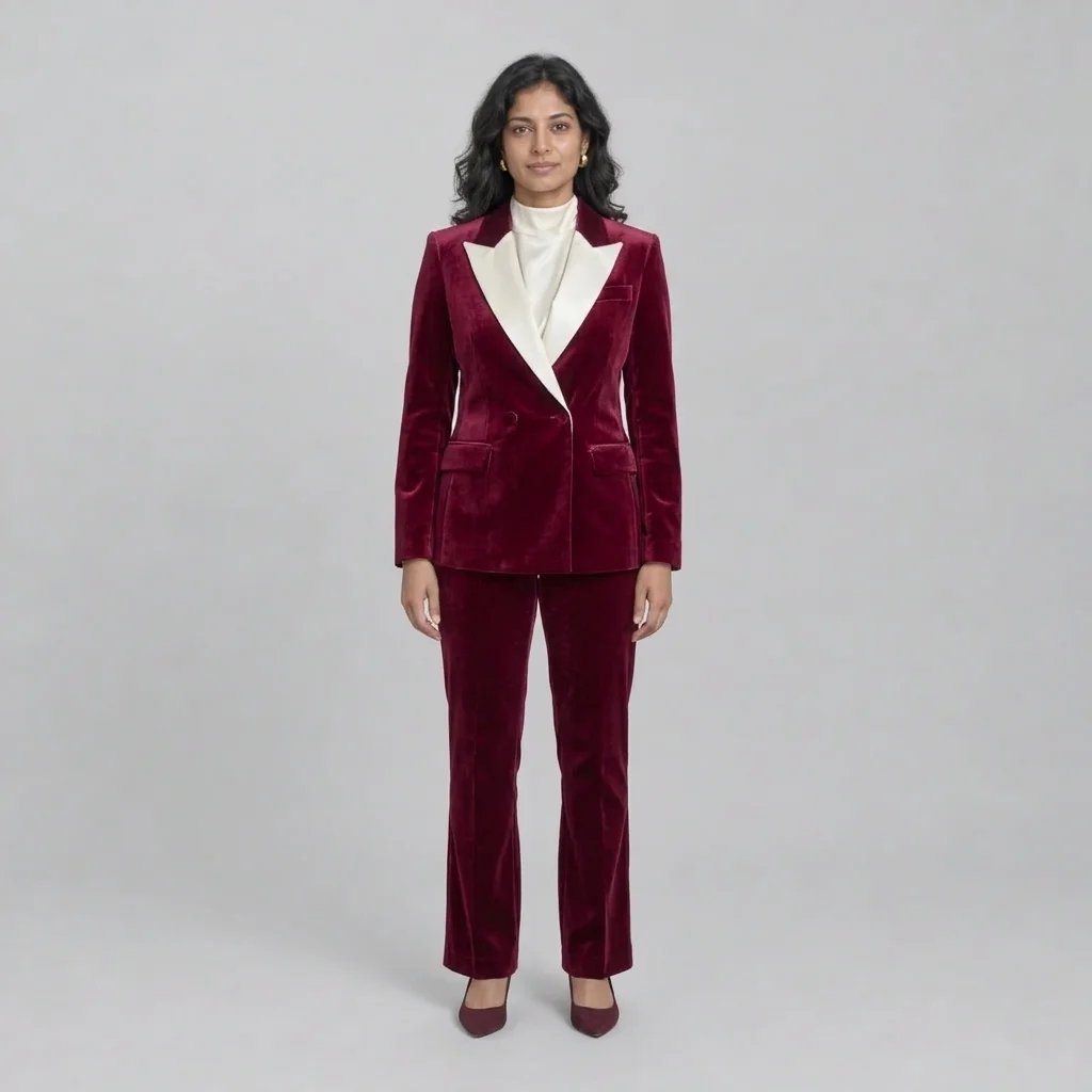 Woman in a burgundy velvet pantsuit with wide ivory lapels, an ivory high-neck top and burgundy heels against a light-gray studio background