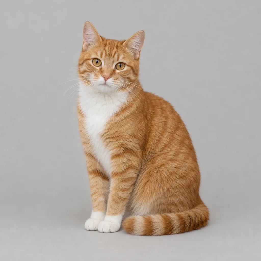 Orange-and-white tabby cat sitting on a light-gray background