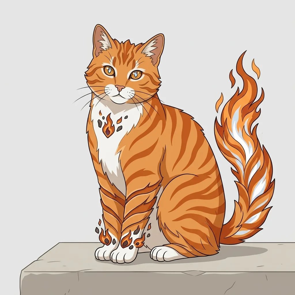 Orange-and-white illustrated catlike creature with flame markings and a flame-shaped tail
