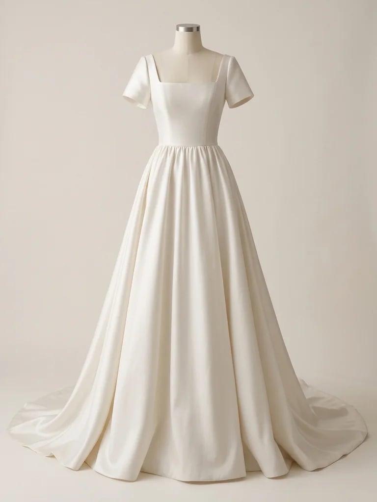 Elfenbeinfarbenes Brautkleid in A-Linie aus Satin mit quadratischem Ausschnitt und kurzen Ärmeln, dargestellt auf einer kopflosen Schneiderpuppe