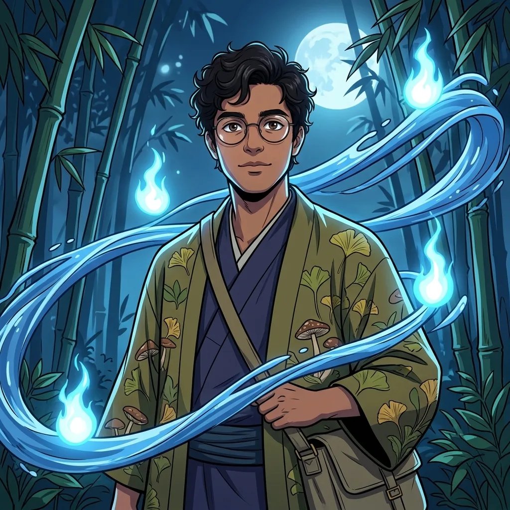 Demon Slayer-inspired portrait of a person with round glasses, dark wavy hair and a green botanical haori surrounded by blue water ribbons in a moonlit bamboo grove