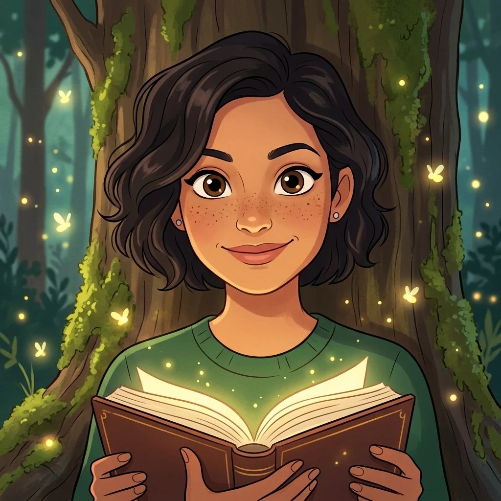 Von Disney inspirierte 2D-Illustration der Person im grünen Pullover in einem Märchenwald