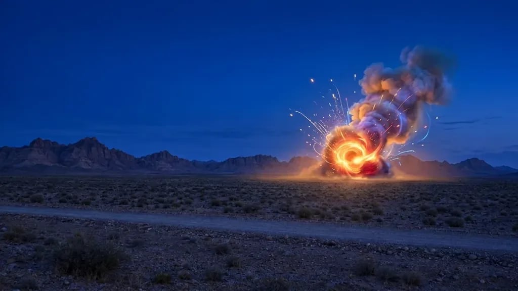 Fiktiver Explosionshintergrund mit orangefarbenem Licht und dunklem Rauch in einer leeren Wüste bei Dämmerung