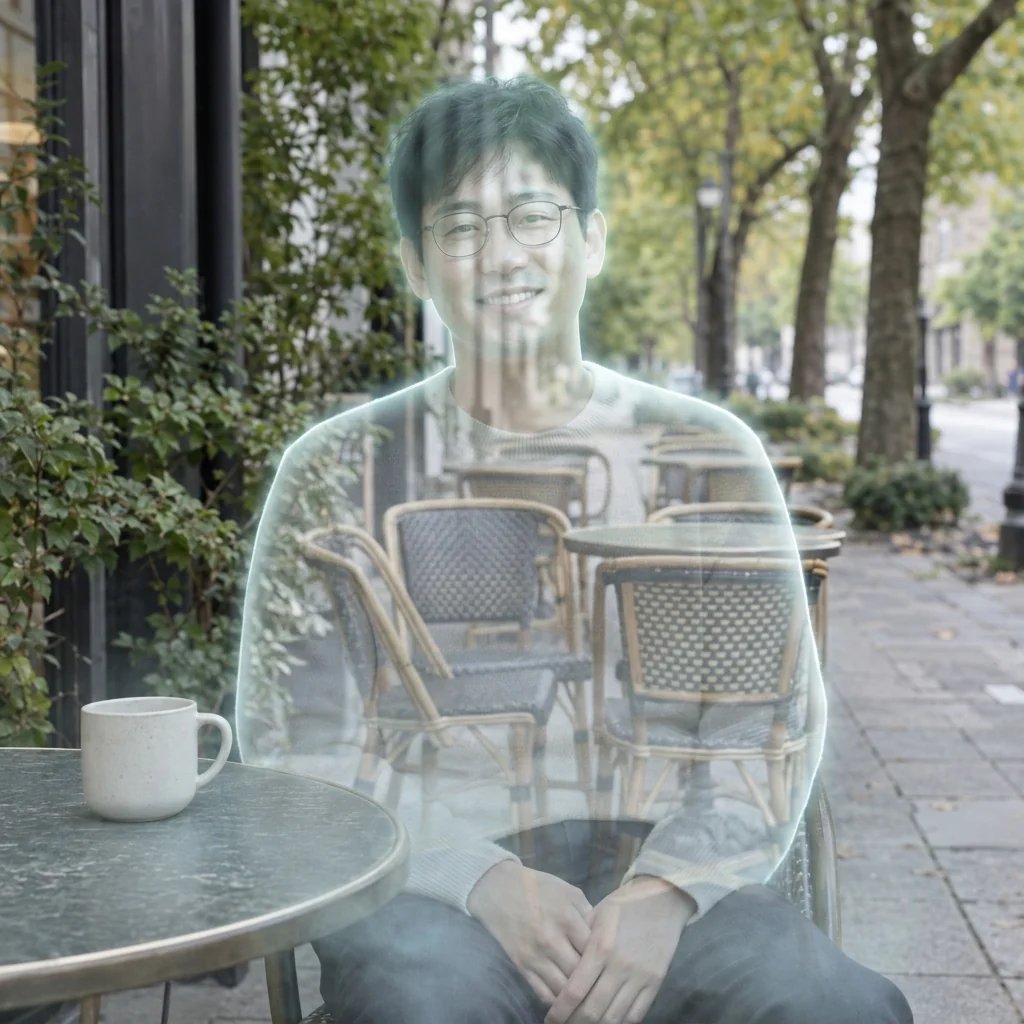 Ein durchscheinender Mann mit Brille sitzt in einem Café, umgeben von kühlem Leuchten. Details des Hintergrunds sind durch seine bekleidete Gestalt im Bereich des Pullovers sichtbar.