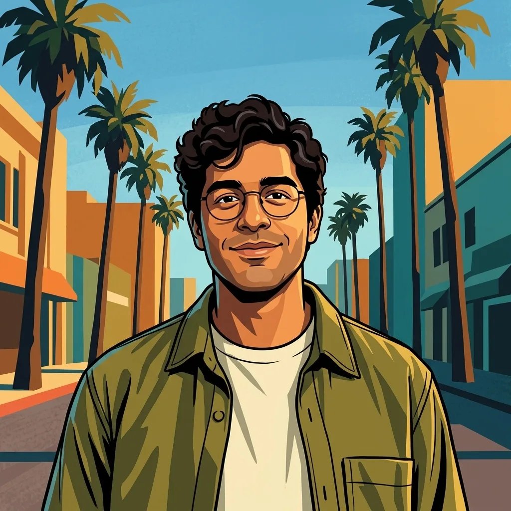 Illustrazione urbana ispirata a GTA di una persona con capelli scuri e mossi, occhiali rotondi e una sovracamicia verde oliva, in una strada fiancheggiata da palme