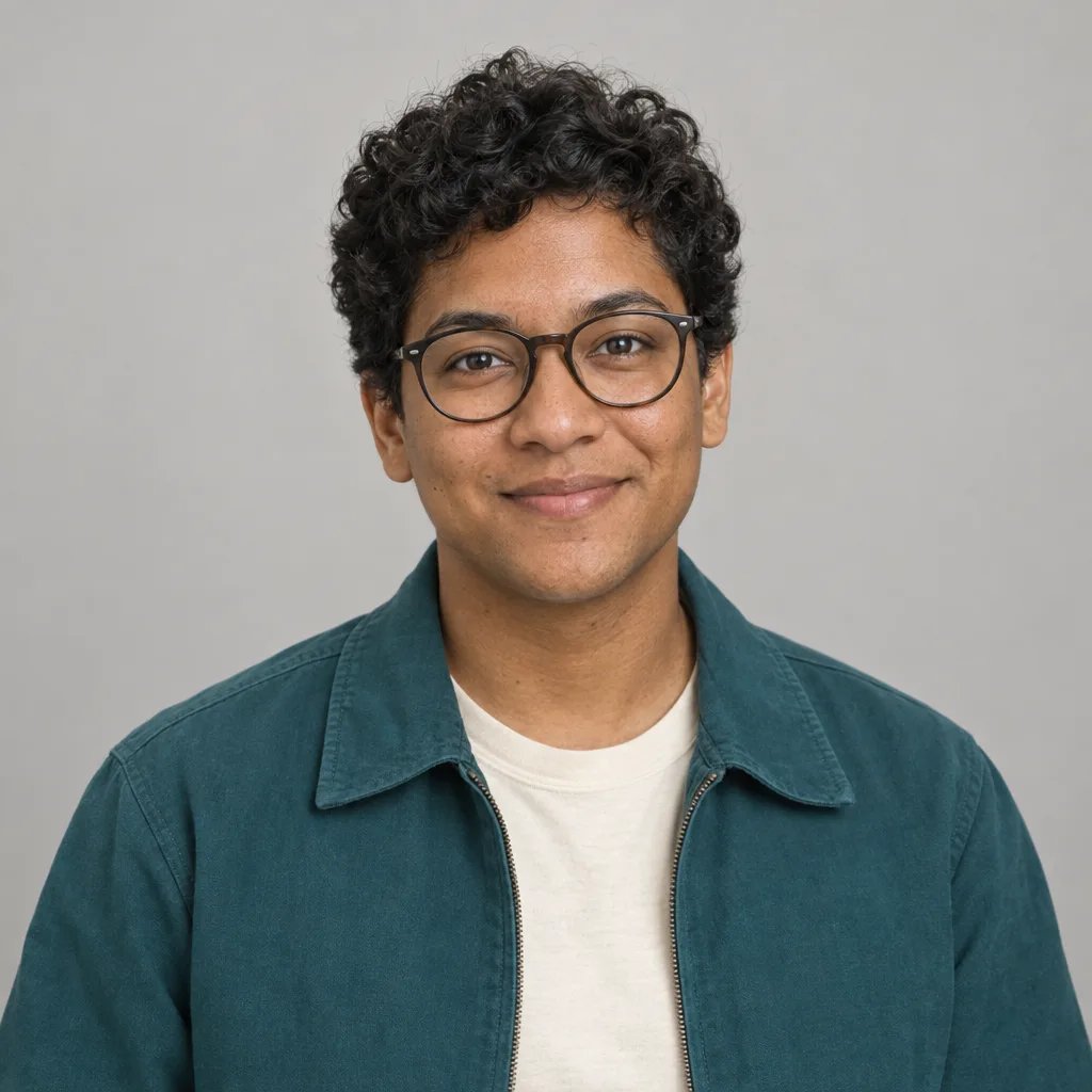 Portrait d’une personne aux cheveux courts et bouclés foncés, avec des lunettes rondes et une veste bleu canard