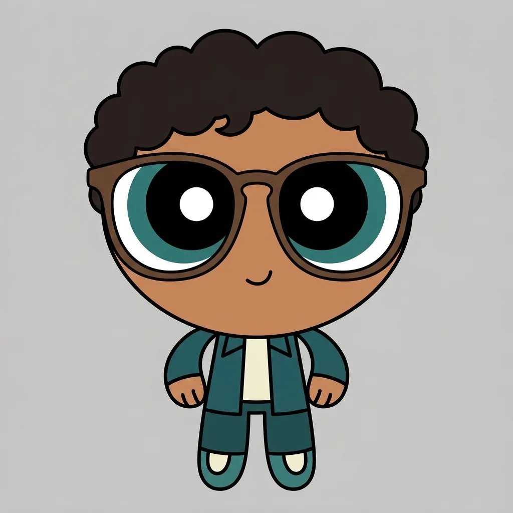 Avatar de dessin animé en pied aux grands yeux, aux boucles foncées, avec des lunettes rondes et une veste bleu canard sur fond gris