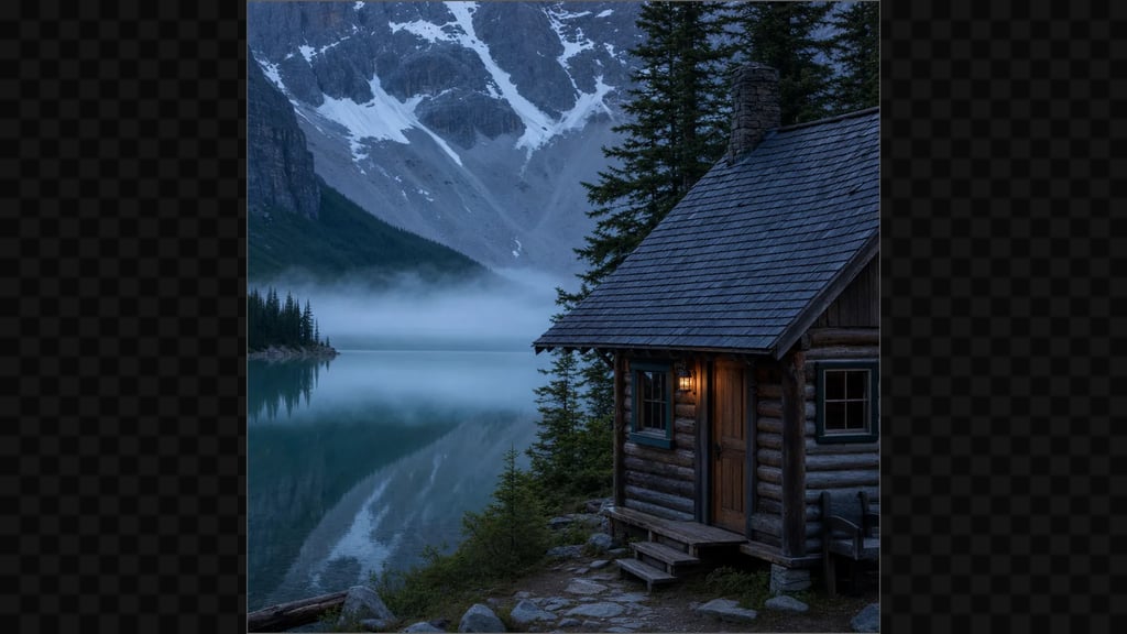 A square photograph of a wooden cabin beside a still alpine lake, cropped tight at both sides