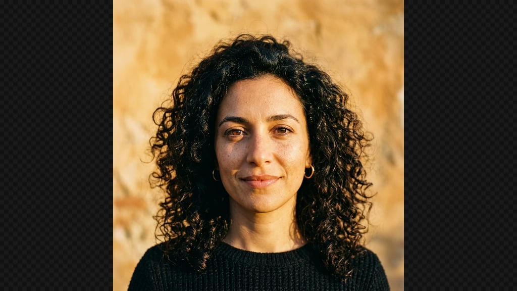 A square portrait of a woman against a sunlit stone wall, with the area to be added marked out as empty chequer on either side
