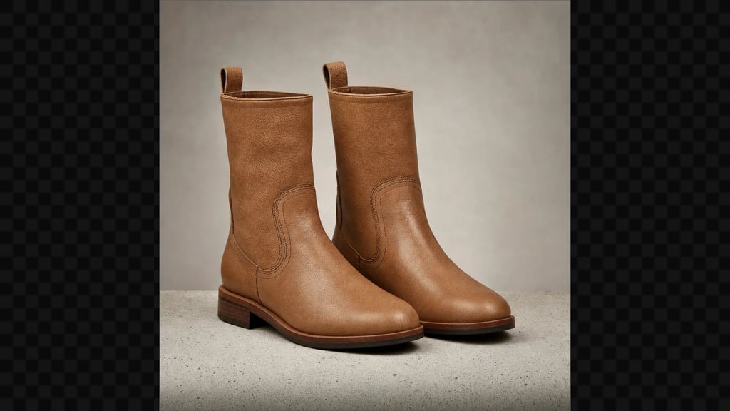 A square catalogue photograph of a pair of tan leather boots, cropped tight against both sides of the frame