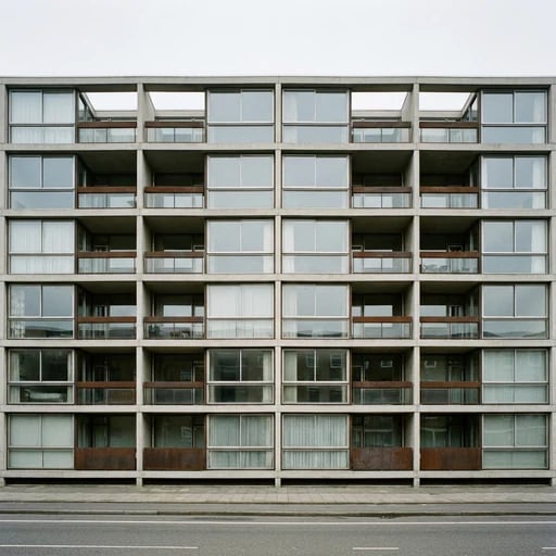 Fotografía de la fachada de un edificio modernista con una retícula regular de ventanas