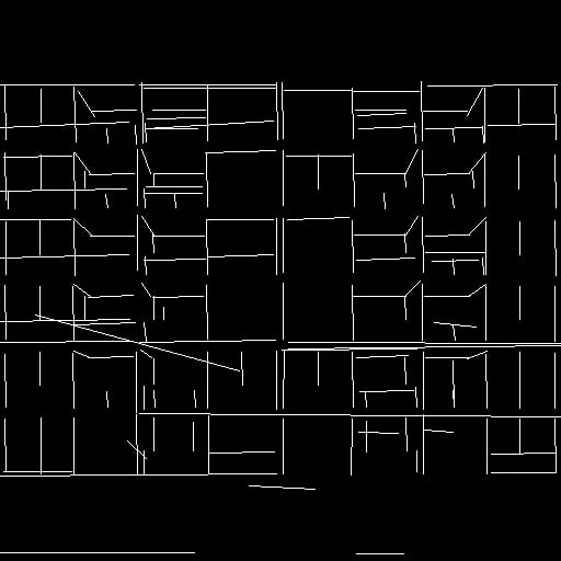 Line art de la misma fachada con M-LSD: solo líneas rectas, la retícula de ventanas y las líneas de forjado, y nada más