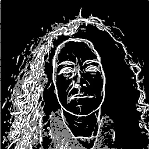 Line art del mismo retrato con TEED: líneas finas y nítidas con moteado denso en el pelo