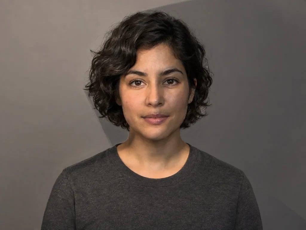 The same portrait lit with warm light from the upper left, the right side of her face in deeper shade and her shadow on the grey wall