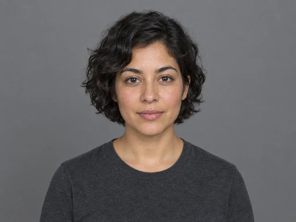 Original portrait of a woman with curly dark hair in flat, even light against a grey wall