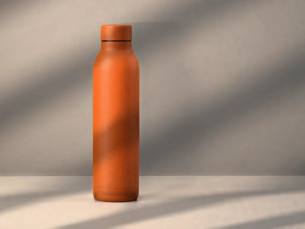 The same water bottle with diagonal stripes of warm light and shadow from window blinds across it and the wall