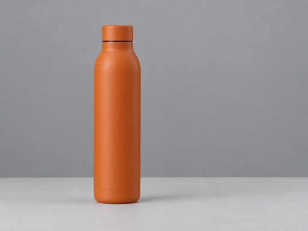 Original photo of an orange water bottle on a light table against a grey wall