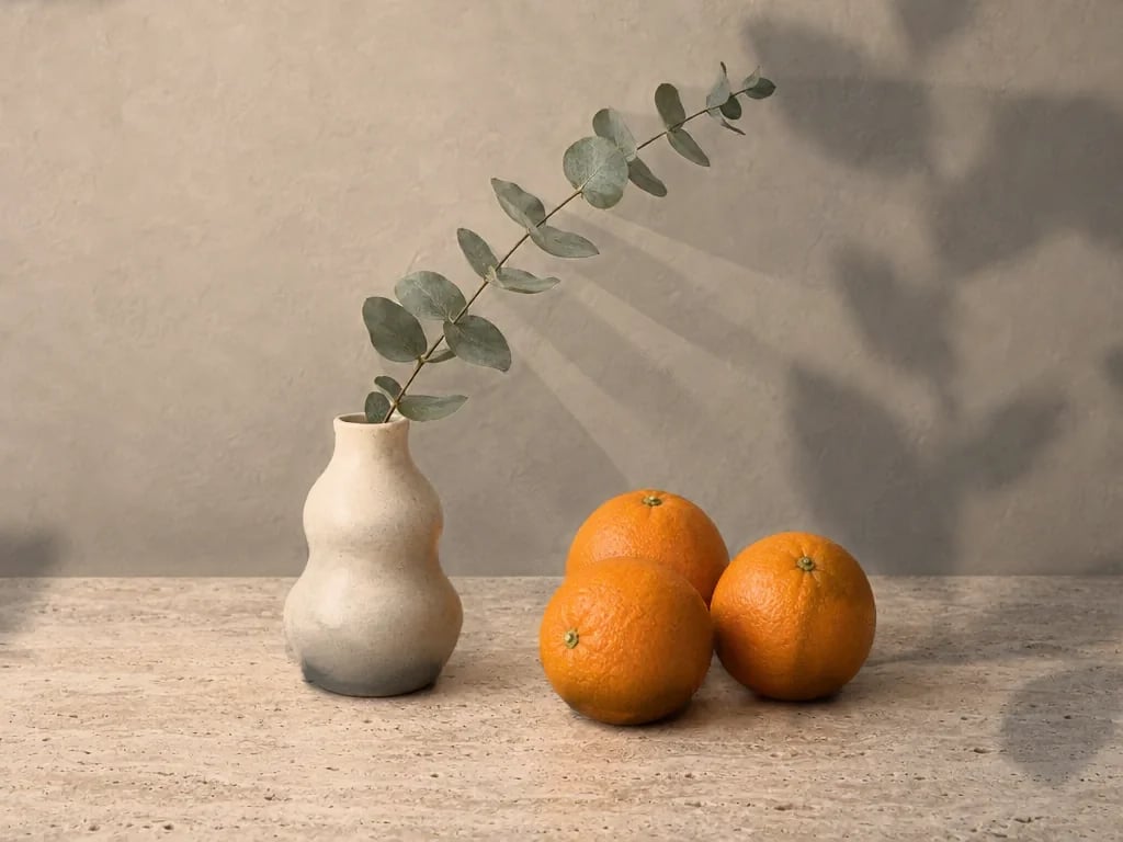 The same still life in warm sunlight, with soft leaf-shaped shadows on the wall to the right of the vase and oranges