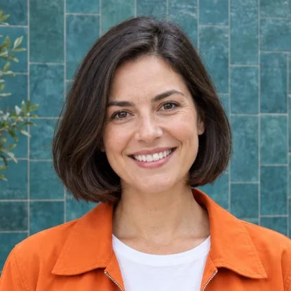 A close-up of a smiling woman with dark hair before face cutout