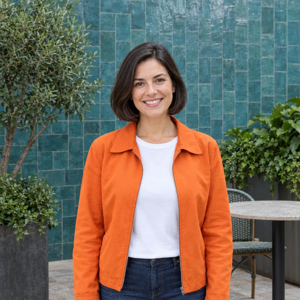 A woman in an orange jacket in a tiled café courtyard before person cutout