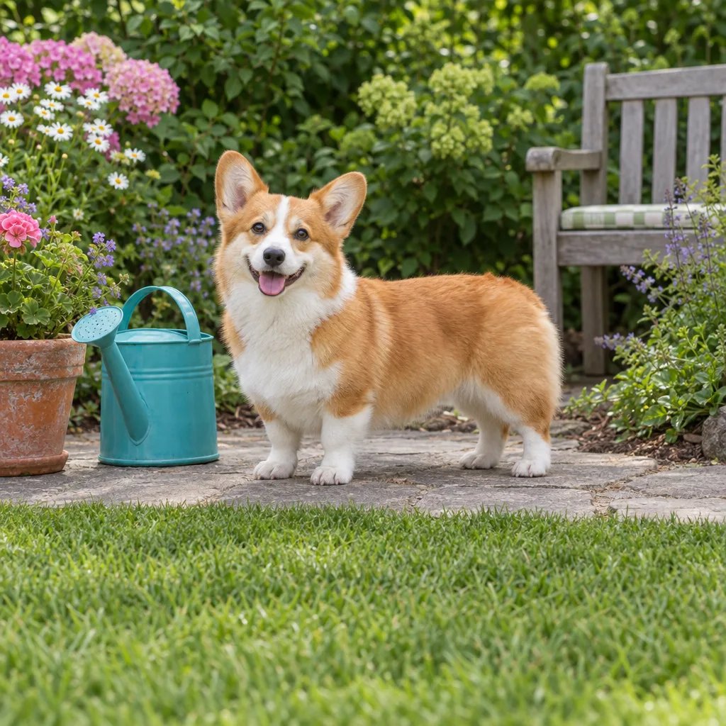 A corgi in a garden before pet cutout