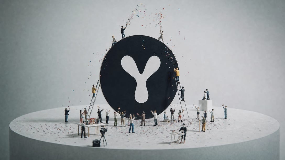 색종이가 흩날리는 가운데 거대한 YouArt 로고 주위에서 축하하는 미니어처 인물들