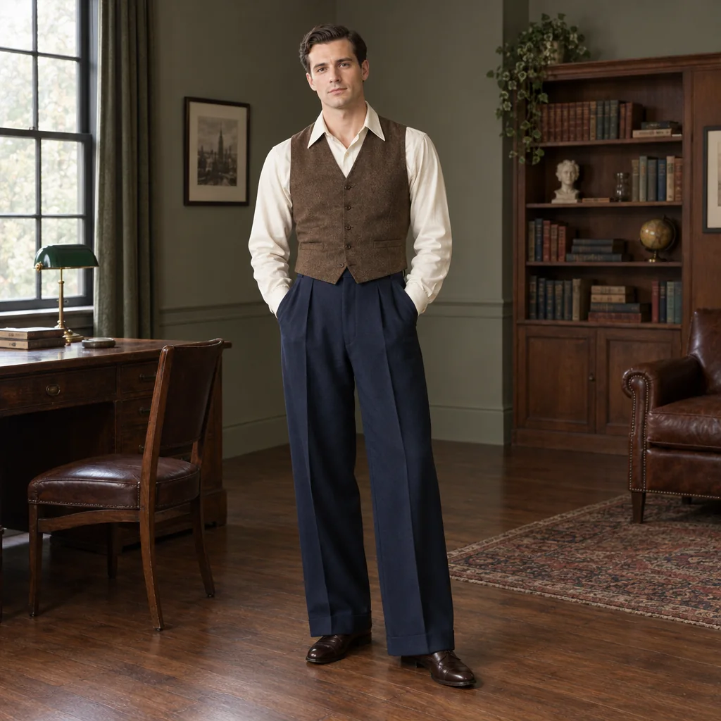 Un uomo con camicia color crema con colletto, gilet marrone e pantaloni blu scuro a vita alta e gamba larga, capelli ordinati con riga laterale, semplice studio ispirato agli anni '40