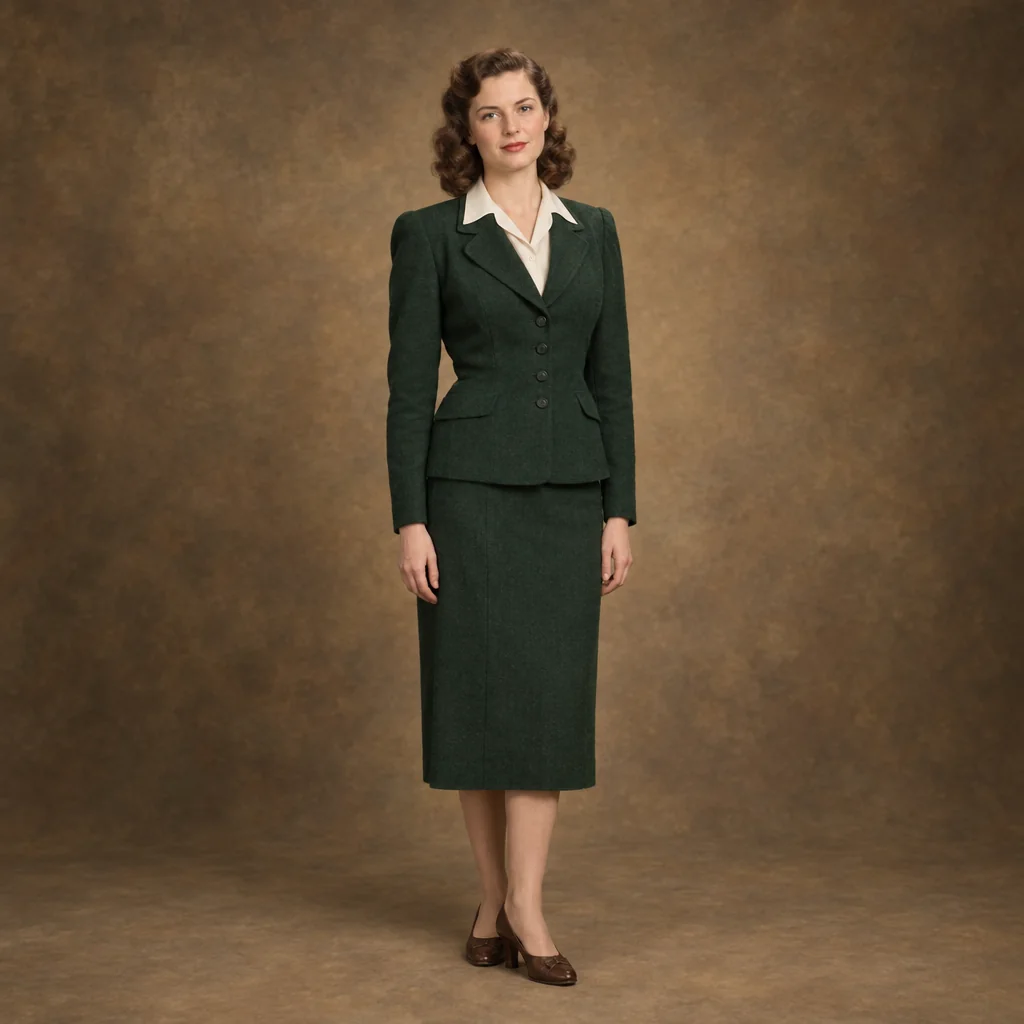 Una donna con giacca strutturata verde bosco anni '40, camicetta avorio con colletto, gonna dritta sotto il ginocchio e scarpe chiuse marroni, capelli con morbide onde arrotolate, studio d'epoca dai toni caldi