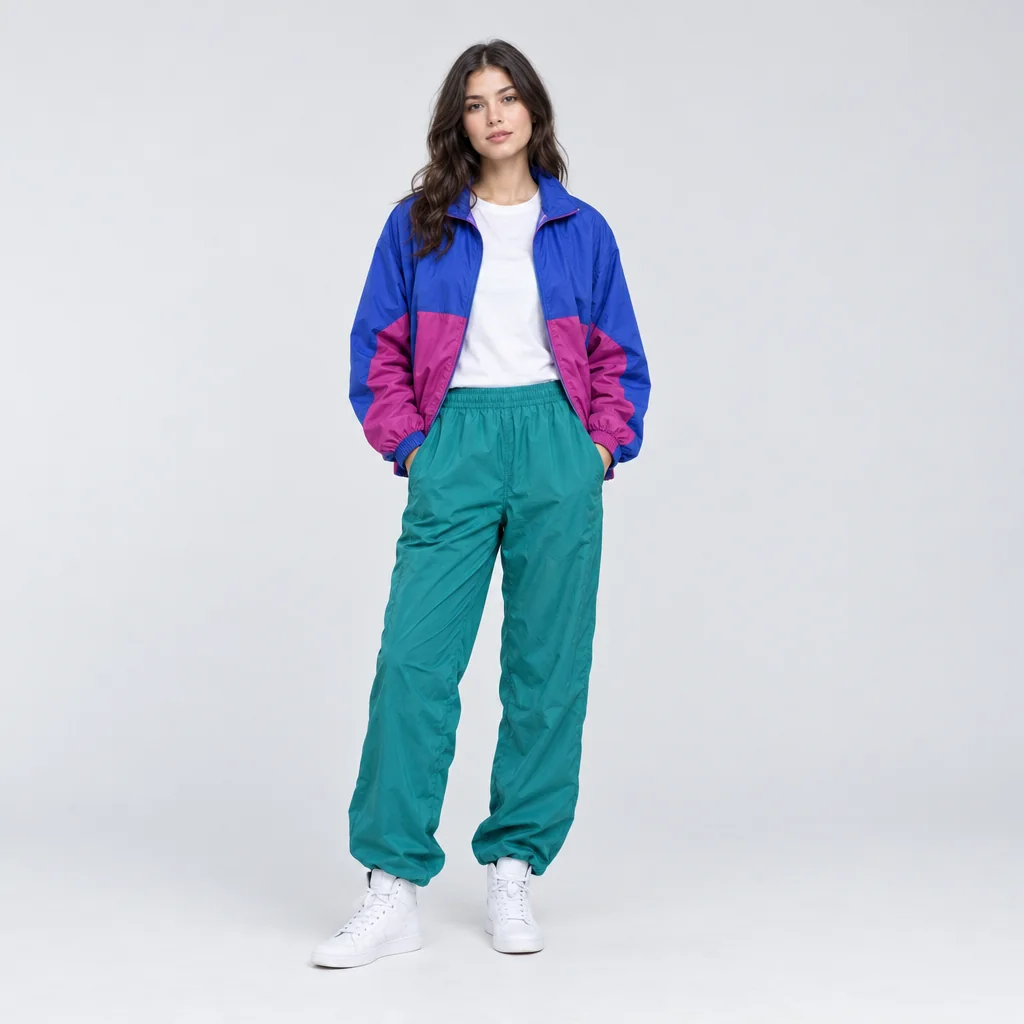 Una donna con giacca a vento a blocchi di colore blu cobalto e magenta, maglia bianca a girocollo, pantaloni lunghi a paracadute verde petrolio e semplici scarpe da ginnastica alte bianche, studio chiaro