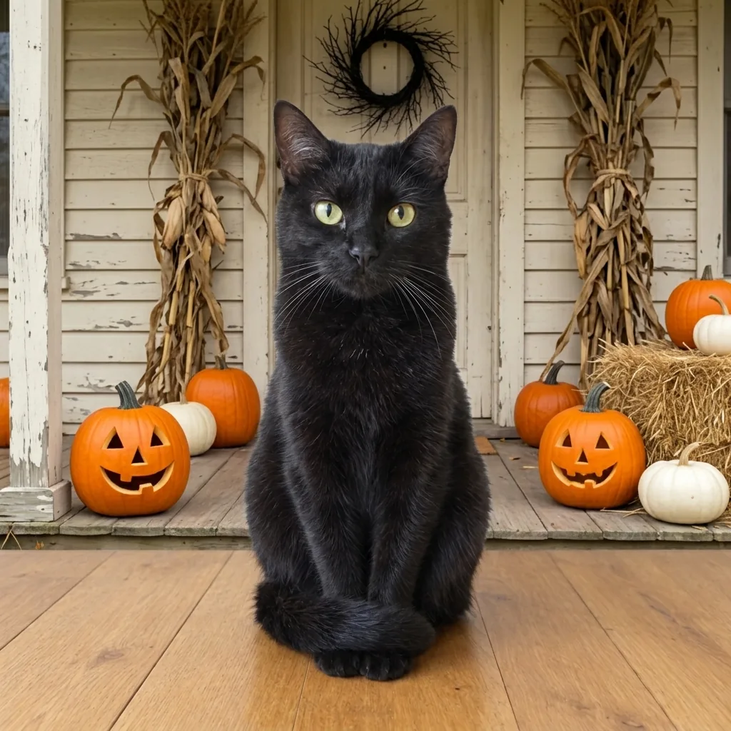 Un chat noir aux yeux jaune-vert, assis sur des planches en bois près d’un porche avec des citrouilles, sculptées ou non, des tiges de maïs et une couronne de brindilles sur la porte.