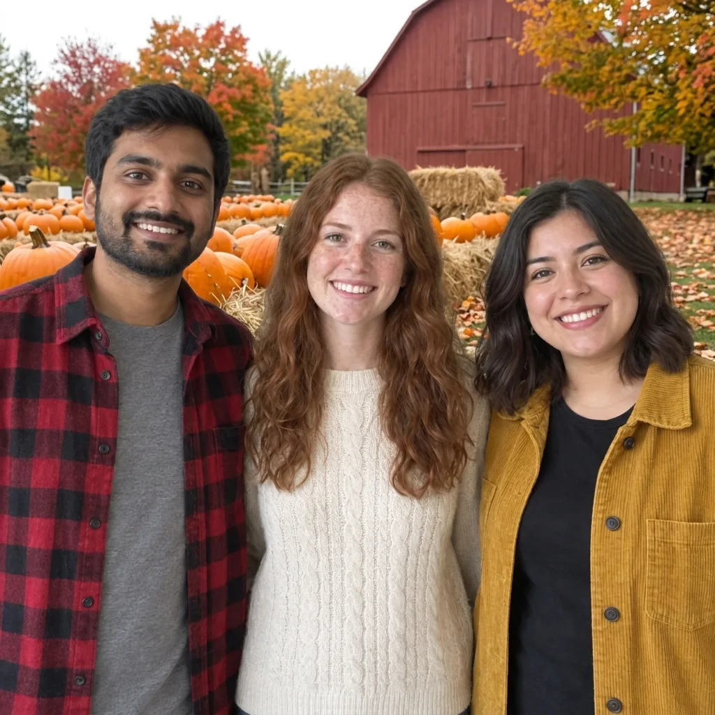 Trois amis en chemise de flanelle, pull crème et veste moutarde, dans un champ de citrouilles avec des bottes de foin et une grange rouge.