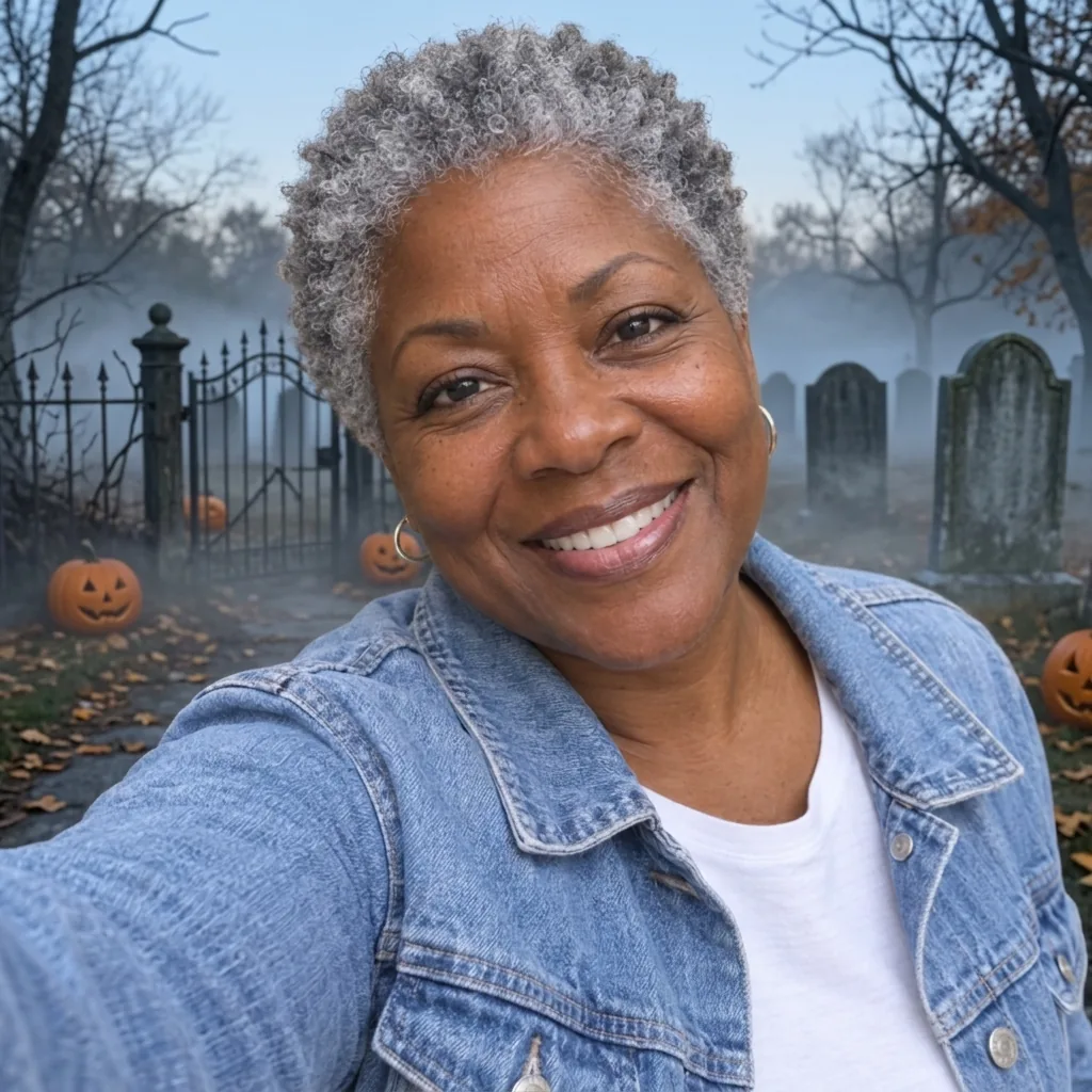 Une femme aux cheveux gris, en veste en jean, prend un selfie près du portail en fer d’un cimetière, avec des pierres tombales dans la brume et des citrouilles sculptées.