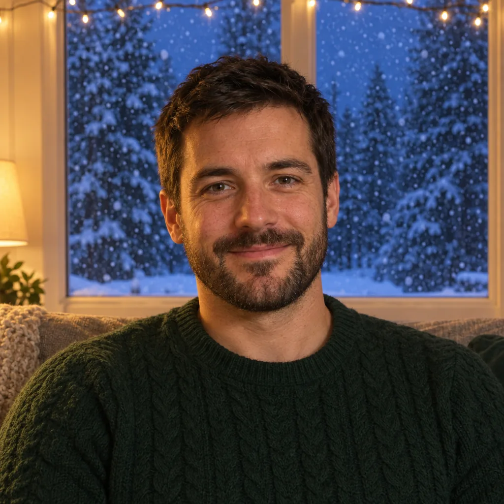 A man in his thirties with short dark hair and a short beard, wearing a forest-green knit sweater in a warm living room, with a snowy window and string lights behind him