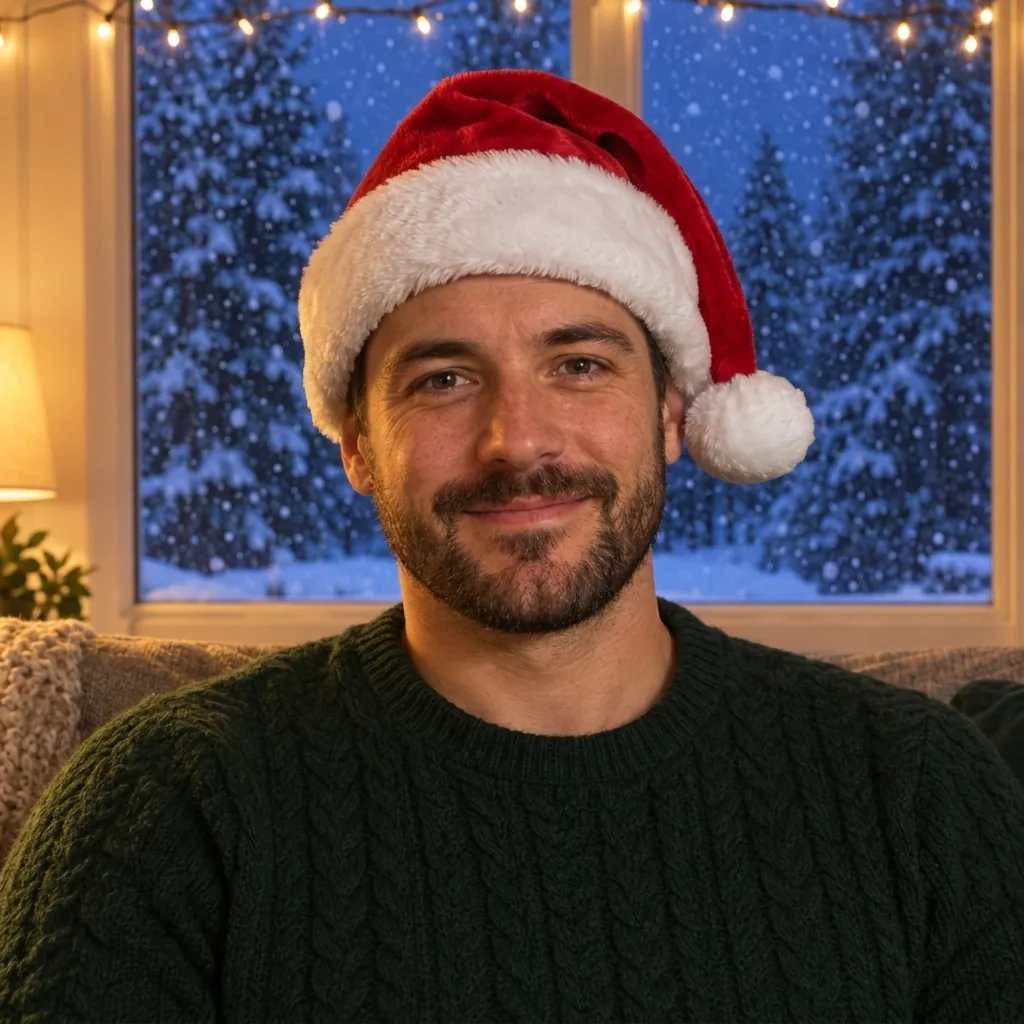 The same man in the same living room, now wearing a classic red Santa hat with a white fur brim and pom-pom