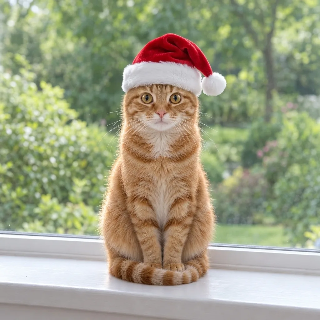 A ginger tabby cat on a windowsill wearing a small red Santa hat