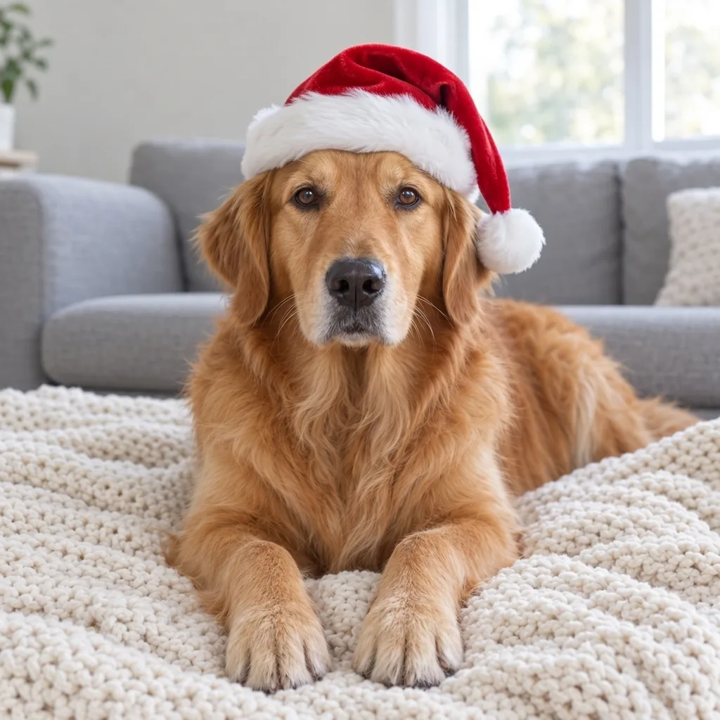 A golden retriever lying on a cream knit blanket, wearing a red Santa hat sized to its head, with its eyes uncovered