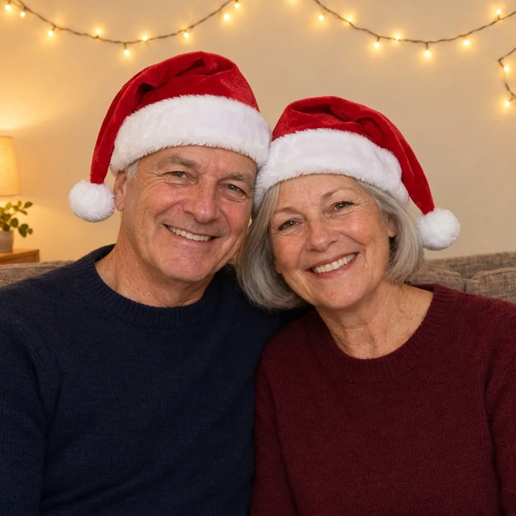 A couple in their sixties sitting cheek to cheek on a sofa under warm string lights, both wearing matching red Santa hats