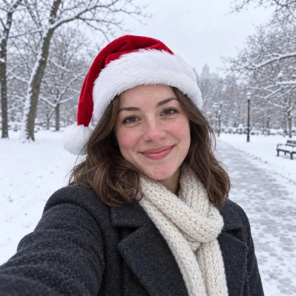 A woman in her late twenties taking an arm's-length selfie outdoors in winter, wearing a dark wool coat, a cream scarf and a classic red Santa hat