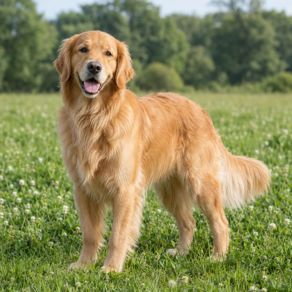 Realistic AI animal image of a golden retriever standing in a green meadow in soft daylight