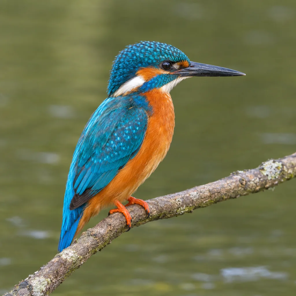 Realistic AI wildlife image of a blue and orange kingfisher perched on a branch above a river