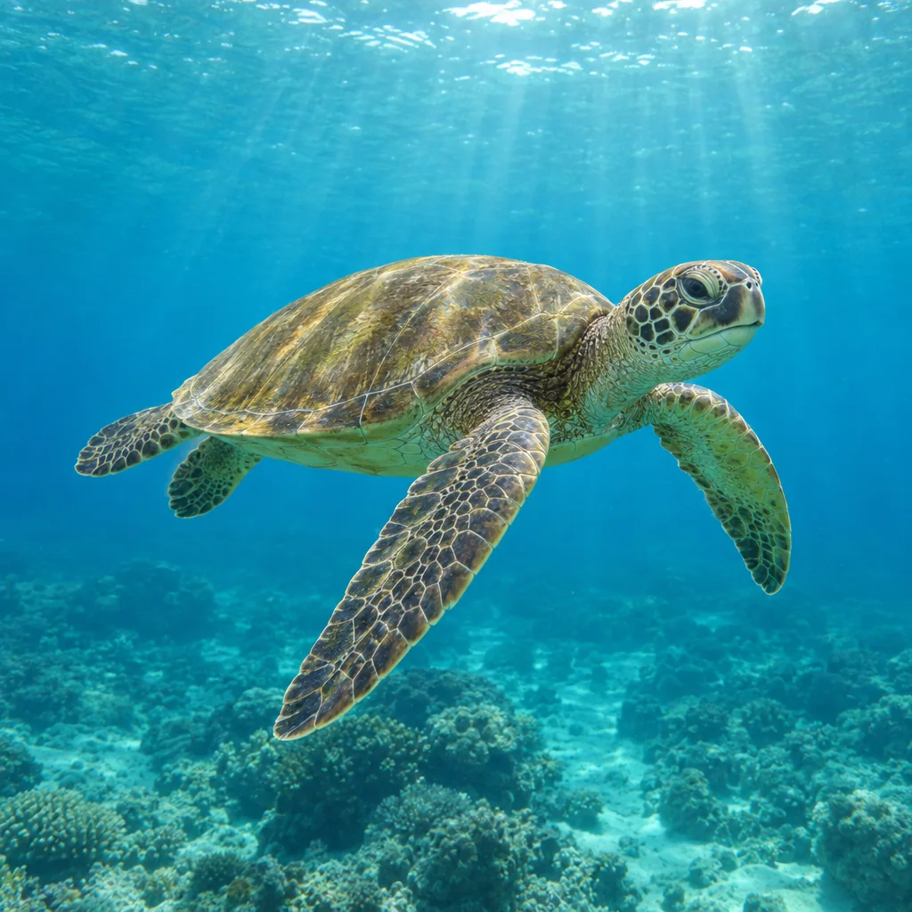 Realistic AI animal image of a sea turtle swimming underwater in clear blue water with sunlight from above