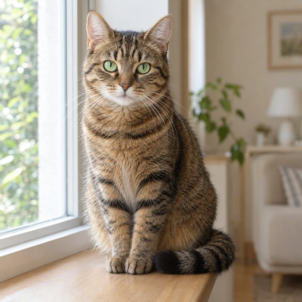 Realistic AI pet portrait of a striped tabby cat sitting beside a window in gentle daylight