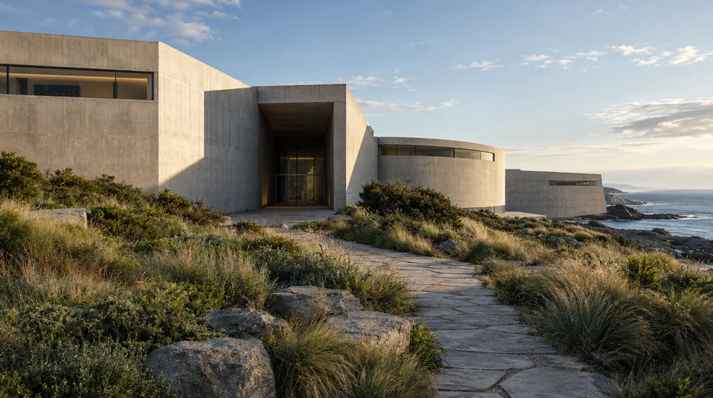 AI architecture concept of a pale concrete art museum with sculpted volumes in a coastal grass landscape